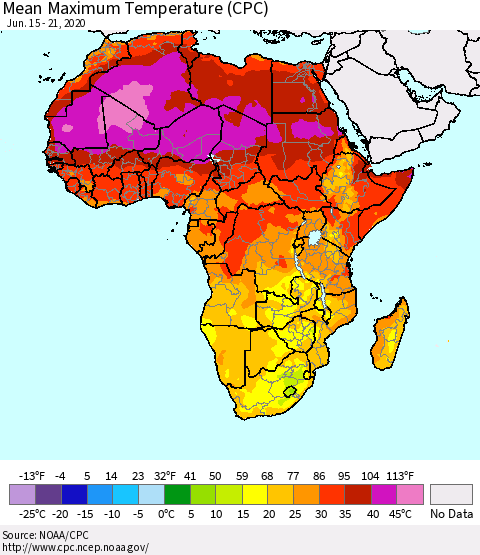 Africa Mean Maximum Temperature (CPC) Thematic Map For 6/15/2020 - 6/21/2020