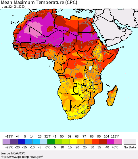 Africa Mean Maximum Temperature (CPC) Thematic Map For 6/22/2020 - 6/28/2020