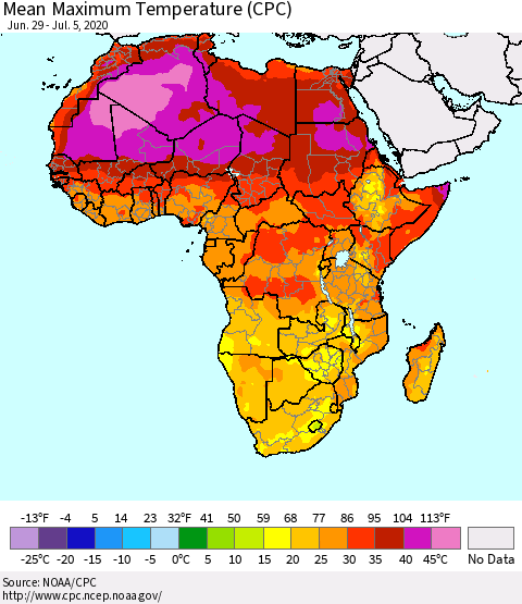 Africa Mean Maximum Temperature (CPC) Thematic Map For 6/29/2020 - 7/5/2020