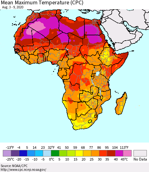 Africa Mean Maximum Temperature (CPC) Thematic Map For 8/3/2020 - 8/9/2020
