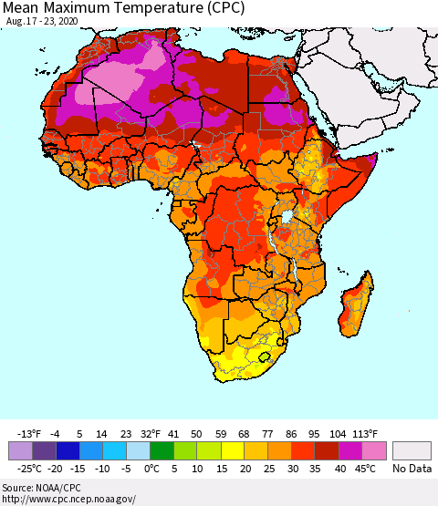 Africa Mean Maximum Temperature (CPC) Thematic Map For 8/17/2020 - 8/23/2020