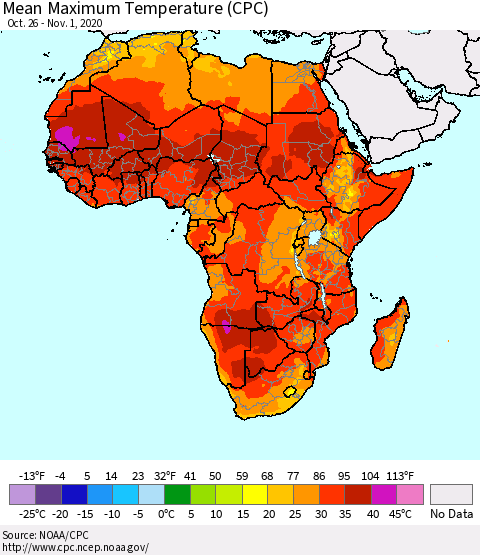 Africa Maximum Temperature (CPC) Thematic Map For 10/26/2020 - 11/1/2020