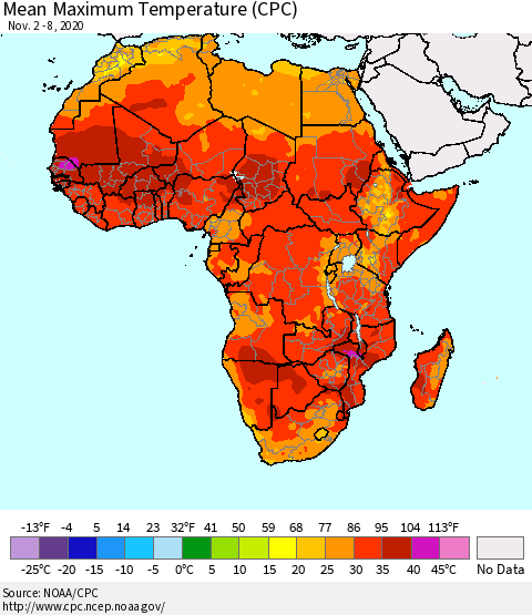 Africa Mean Maximum Temperature (CPC) Thematic Map For 11/2/2020 - 11/8/2020
