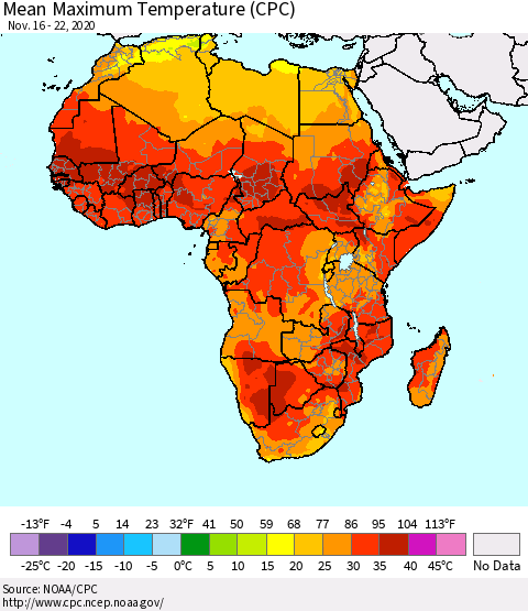 Africa Maximum Temperature (CPC) Thematic Map For 11/16/2020 - 11/22/2020