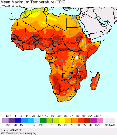 Africa Maximum Temperature (CPC) Thematic Map For 11/23/2020 - 11/29/2020