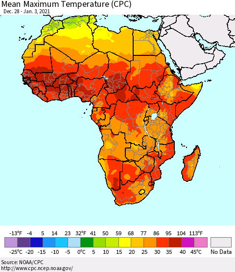 Africa Mean Maximum Temperature (CPC) Thematic Map For 12/28/2020 - 1/3/2021
