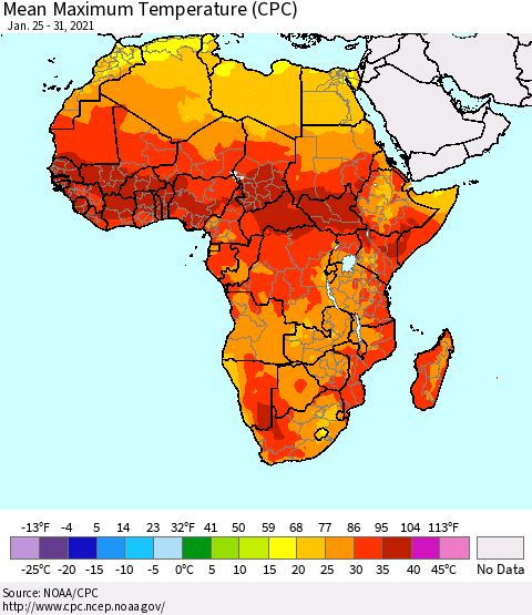 Africa Maximum Temperature (CPC) Thematic Map For 1/25/2021 - 1/31/2021
