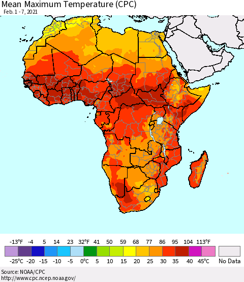 Africa Maximum Temperature (CPC) Thematic Map For 2/1/2021 - 2/7/2021