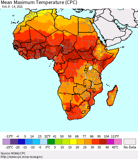 Africa Maximum Temperature (CPC) Thematic Map For 2/8/2021 - 2/14/2021