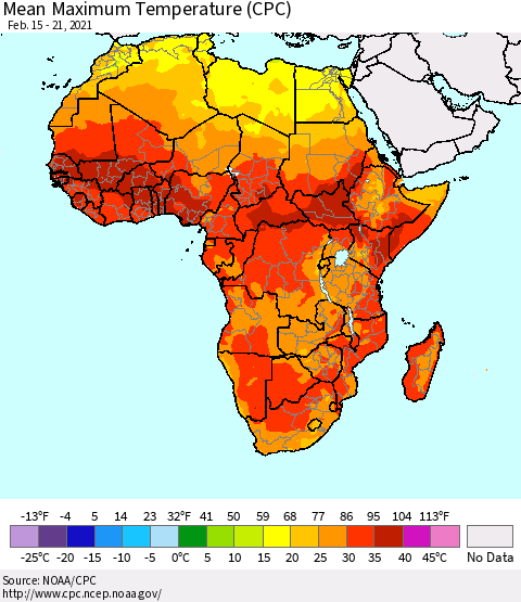 Africa Maximum Temperature (CPC) Thematic Map For 2/15/2021 - 2/21/2021