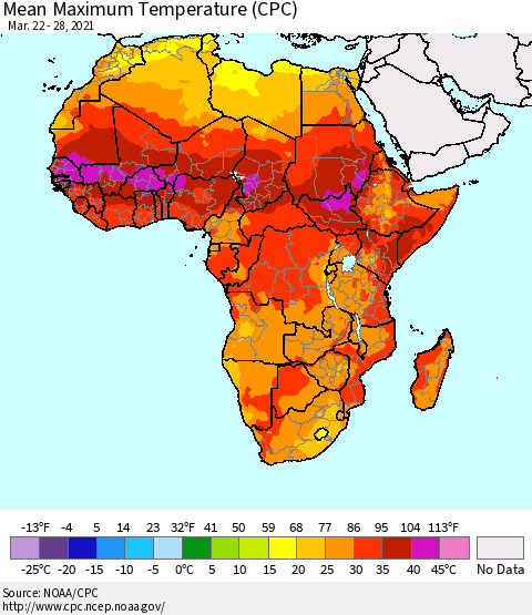 Africa Mean Maximum Temperature (CPC) Thematic Map For 3/22/2021 - 3/28/2021