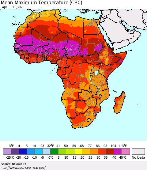 Africa Mean Maximum Temperature (CPC) Thematic Map For 4/5/2021 - 4/11/2021