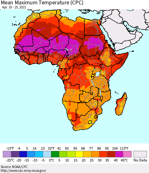Africa Mean Maximum Temperature (CPC) Thematic Map For 4/19/2021 - 4/25/2021
