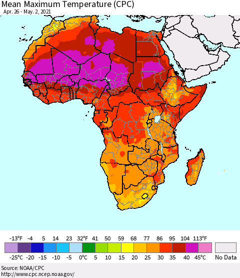 Africa Mean Maximum Temperature (CPC) Thematic Map For 4/26/2021 - 5/2/2021