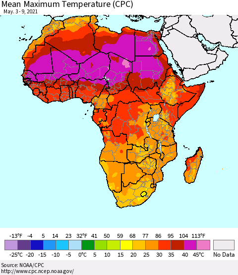 Africa Mean Maximum Temperature (CPC) Thematic Map For 5/3/2021 - 5/9/2021