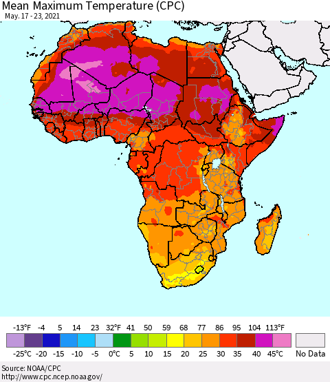 Africa Mean Maximum Temperature (CPC) Thematic Map For 5/17/2021 - 5/23/2021