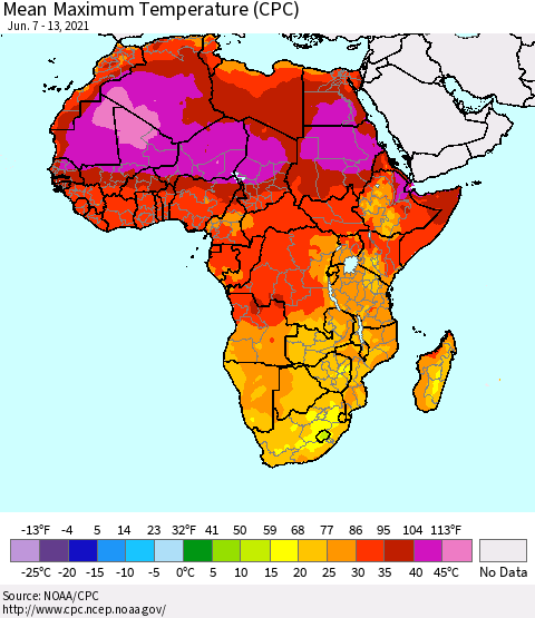 Africa Mean Maximum Temperature (CPC) Thematic Map For 6/7/2021 - 6/13/2021