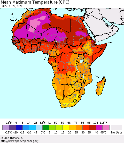 Africa Mean Maximum Temperature (CPC) Thematic Map For 6/14/2021 - 6/20/2021