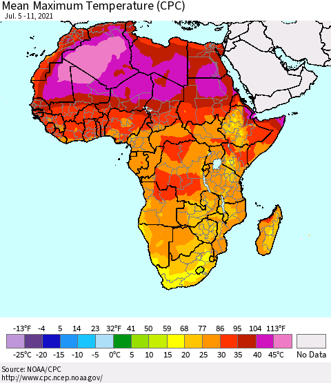 Africa Mean Maximum Temperature (CPC) Thematic Map For 7/5/2021 - 7/11/2021