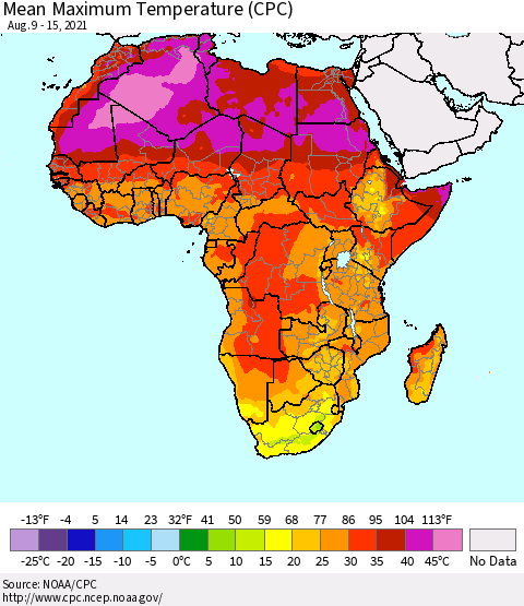 Africa Mean Maximum Temperature (CPC) Thematic Map For 8/9/2021 - 8/15/2021