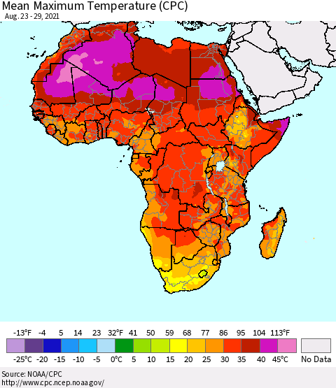 Africa Mean Maximum Temperature (CPC) Thematic Map For 8/23/2021 - 8/29/2021
