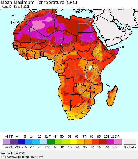 Africa Mean Maximum Temperature (CPC) Thematic Map For 8/30/2021 - 9/5/2021