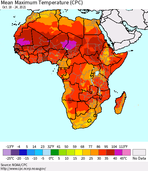 Africa Maximum Temperature (CPC) Thematic Map For 10/18/2021 - 10/24/2021