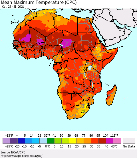 Africa Maximum Temperature (CPC) Thematic Map For 10/25/2021 - 10/31/2021