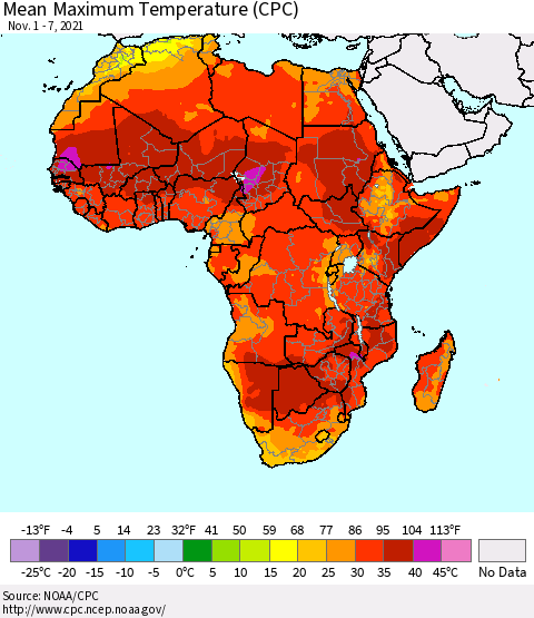 Africa Mean Maximum Temperature (CPC) Thematic Map For 11/1/2021 - 11/7/2021