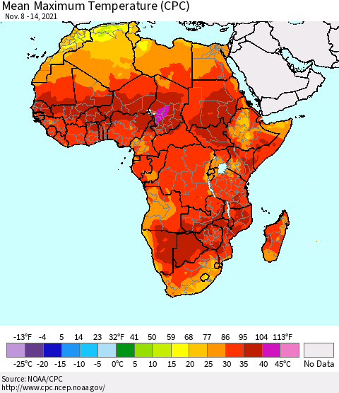 Africa Mean Maximum Temperature (CPC) Thematic Map For 11/8/2021 - 11/14/2021