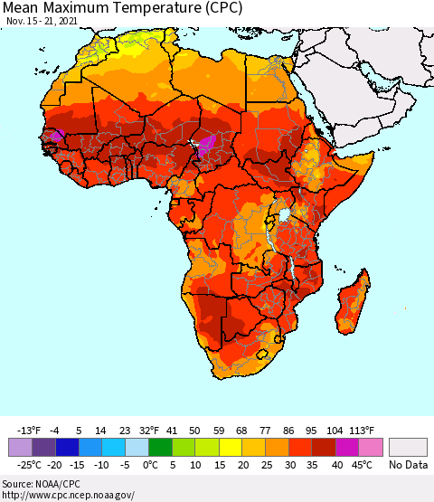 Africa Maximum Temperature (CPC) Thematic Map For 11/15/2021 - 11/21/2021