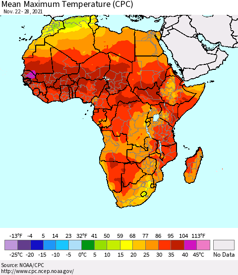 Africa Mean Maximum Temperature (CPC) Thematic Map For 11/22/2021 - 11/28/2021