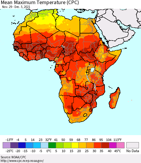 Africa Maximum Temperature (CPC) Thematic Map For 11/29/2021 - 12/5/2021