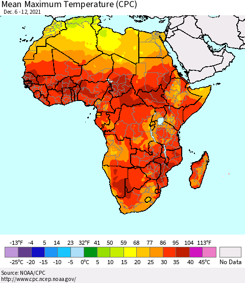 Africa Maximum Temperature (CPC) Thematic Map For 12/6/2021 - 12/12/2021
