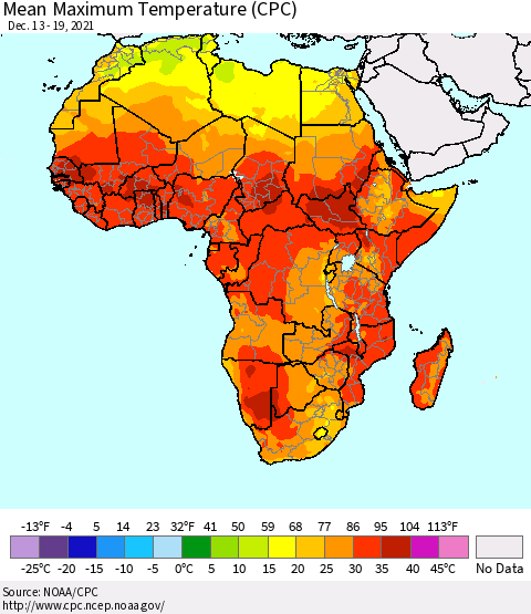 Africa Mean Maximum Temperature (CPC) Thematic Map For 12/13/2021 - 12/19/2021