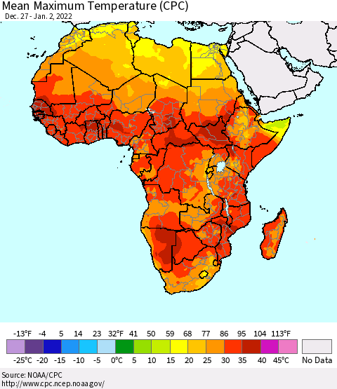 Africa Mean Maximum Temperature (CPC) Thematic Map For 12/27/2021 - 1/2/2022