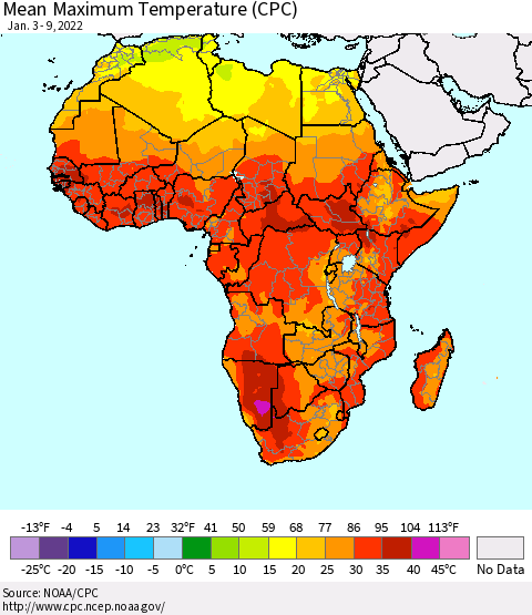 Africa Mean Maximum Temperature (CPC) Thematic Map For 1/3/2022 - 1/9/2022