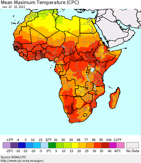 Africa Maximum Temperature (CPC) Thematic Map For 1/10/2022 - 1/16/2022