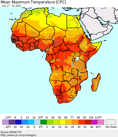 Africa Maximum Temperature (CPC) Thematic Map For 1/17/2022 - 1/23/2022