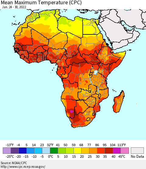 Africa Mean Maximum Temperature (CPC) Thematic Map For 1/24/2022 - 1/30/2022