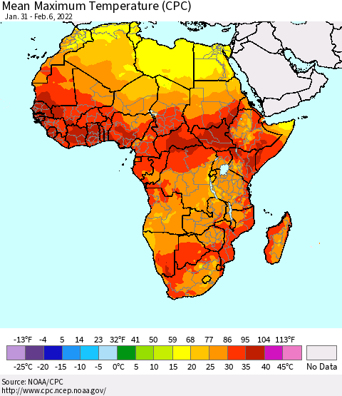 Africa Mean Maximum Temperature (CPC) Thematic Map For 1/31/2022 - 2/6/2022