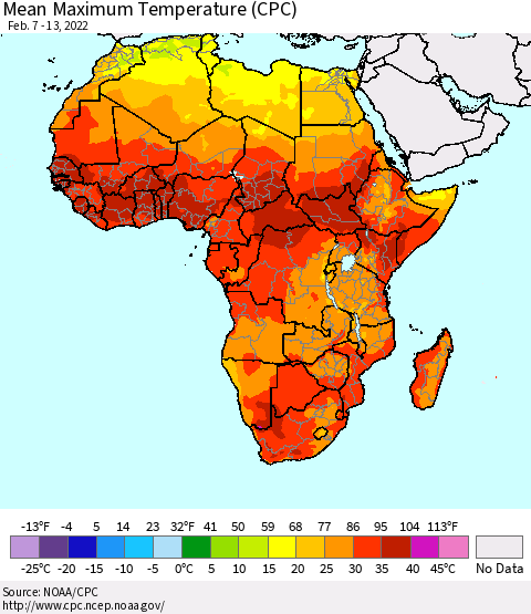 Africa Mean Maximum Temperature (CPC) Thematic Map For 2/7/2022 - 2/13/2022