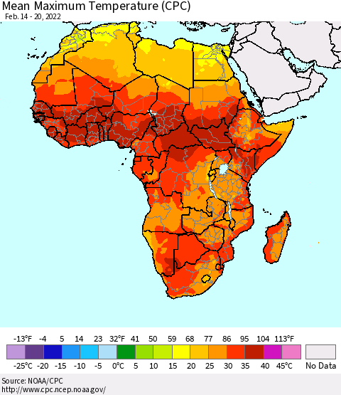 Africa Mean Maximum Temperature (CPC) Thematic Map For 2/14/2022 - 2/20/2022