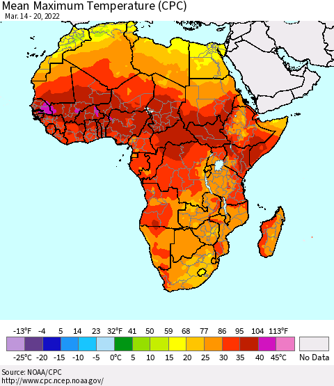 Africa Maximum Temperature (CPC) Thematic Map For 3/14/2022 - 3/20/2022