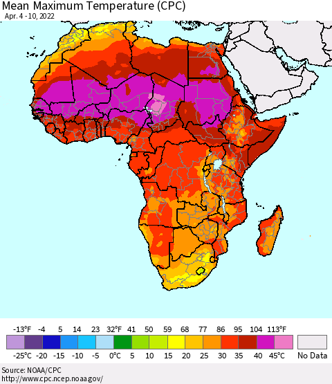 Africa Mean Maximum Temperature (CPC) Thematic Map For 4/4/2022 - 4/10/2022