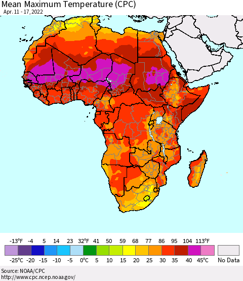 Africa Mean Maximum Temperature (CPC) Thematic Map For 4/11/2022 - 4/17/2022