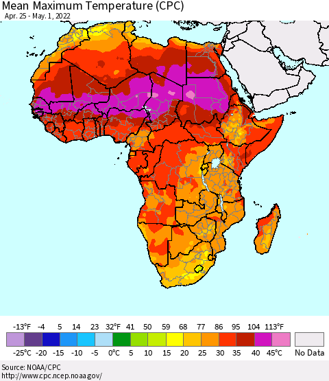 Africa Mean Maximum Temperature (CPC) Thematic Map For 4/25/2022 - 5/1/2022