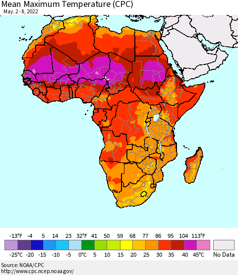 Africa Mean Maximum Temperature (CPC) Thematic Map For 5/2/2022 - 5/8/2022