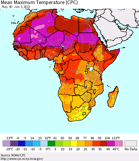 Africa Mean Maximum Temperature (CPC) Thematic Map For 5/30/2022 - 6/5/2022