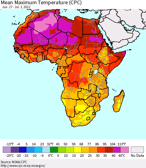 Africa Mean Maximum Temperature (CPC) Thematic Map For 6/27/2022 - 7/3/2022